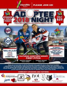 A poster of two women hockey players with the words " sponsor a child today adoptee night 2 0 1 8."